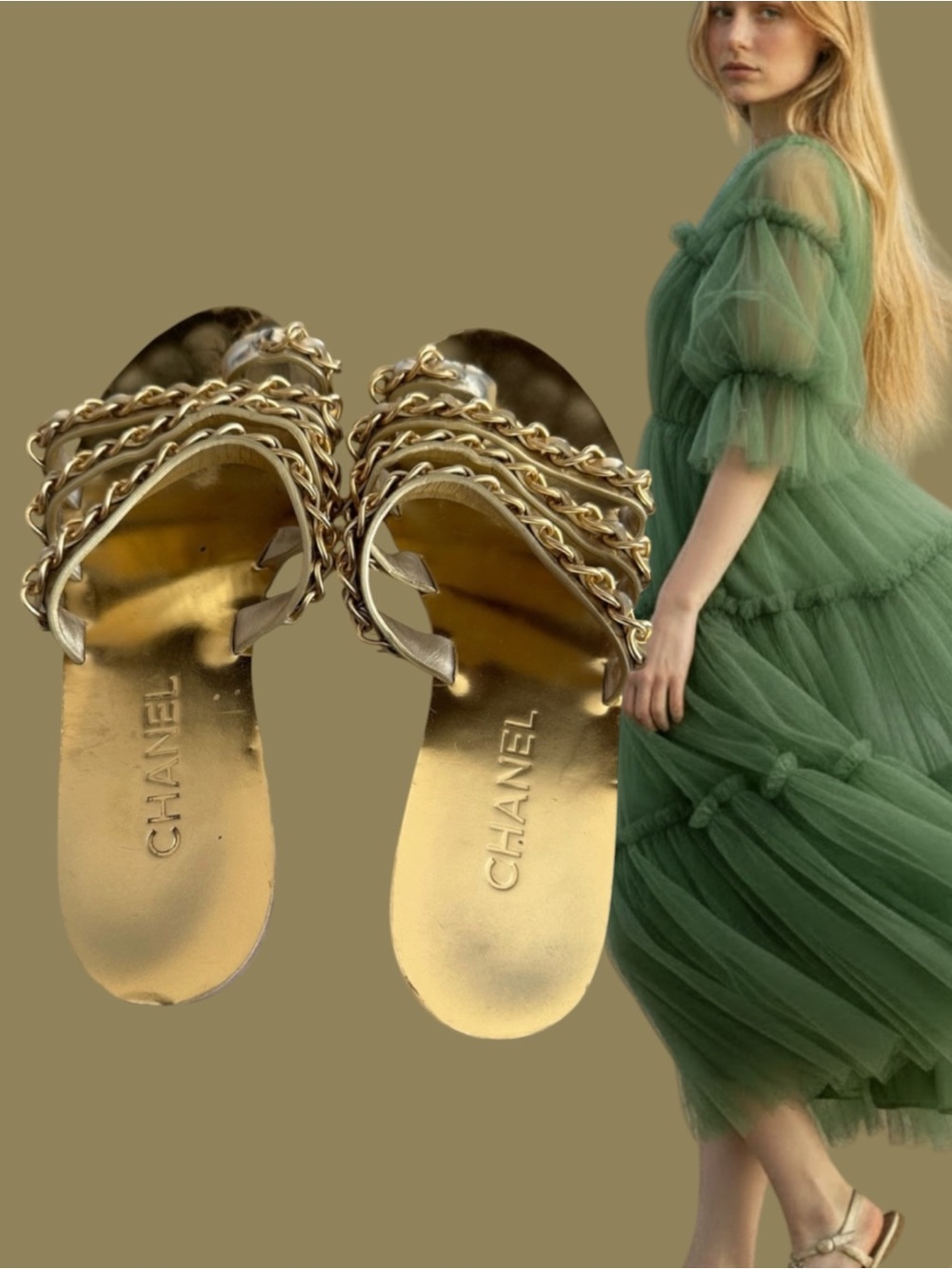 CHANEL Gold Chain-Trim Leather Sandals - Women